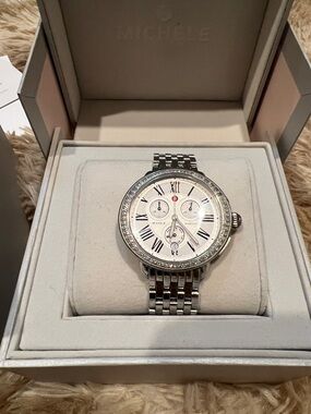 Michele Silver Stainless Steel Diamond Bezel Chronograph Watch